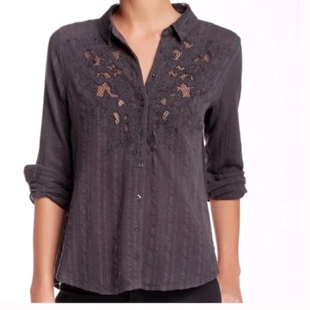 Free People Carter Dobby Black Embroidered Top OB401301